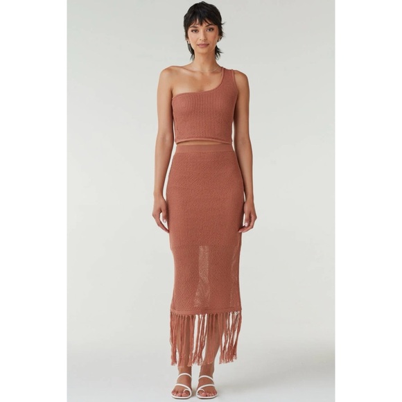 Vetta Capsule Collection One Shoulder Knit Top and Fringe Skirt Set in Clay - Picture 1 of 13